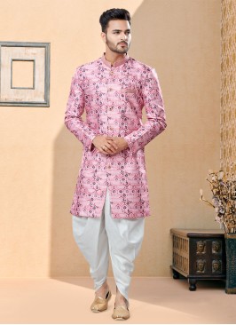 Pink And Off White Digital Print Indowestern Set For Men