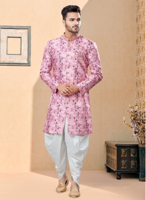 Pink And Off White Digital Print Indowestern Set For Men