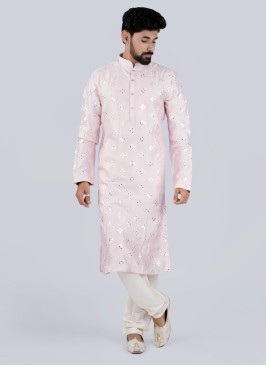 Pink And Off White Silk Kurta Pajama For Men