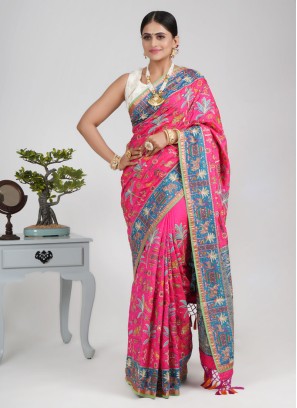 Pink and Peacock Blue Embroidered Silk Saree