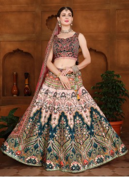 Pink And Peacock Blue Silk Designer Lehenga Choli