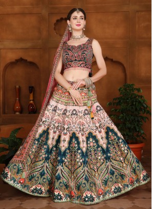 Pink And Peacock Blue Silk Designer Lehenga Choli