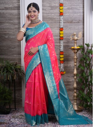 Pink And Rama Blue Soft Silk Saree