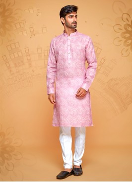 Pink And White Cotton Printed Kurta Pajama