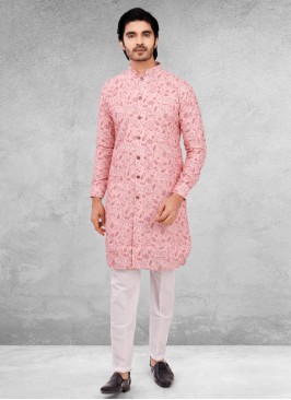 Pink And White Cotton Silk Kurta Pajama
