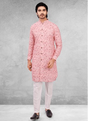 Pink And White Cotton Silk Kurta Pajama