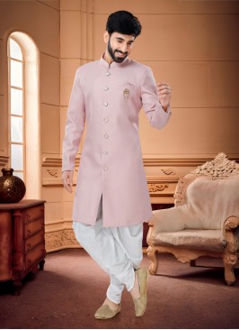 Pink And White Dhoti Style Indowestern Set