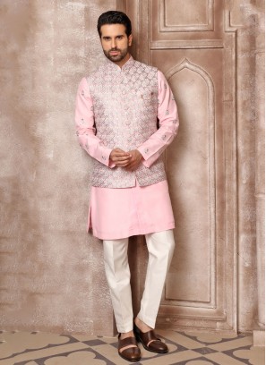 Pink And White Embroidered Nehru Jacket Set