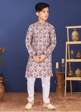 Pink And White Printed Kurta Pajama