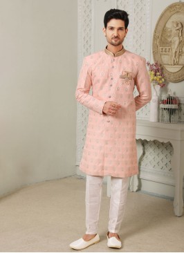 Pink And White Thread Men's Indowestern Set