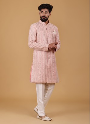 Pink Art Silk Indowestern For Men