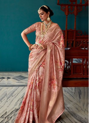 Dusty Rose Pink Floral Printed Soft Silk Saree