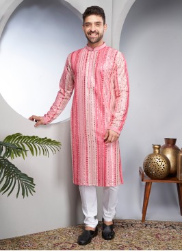 Pink Cotton Silk Kurta Set With Embroidery Work