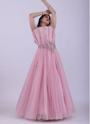 Champagne Pink Designer Gown With Fancy High Neckline