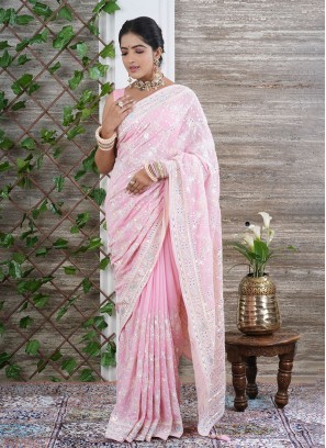 Pink Designer Party Wear Chiffon Saree