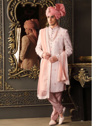 Pink Embroidered Sherwani Set In Silk