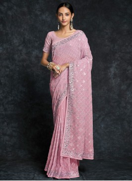 Pink Sequins Embellished Wedding Wear Georgette Saree