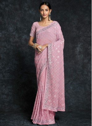 Pink Sequins Embellished Wedding Wear Georgette Saree