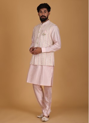 Pink Embroidery Nehru Jacket Set For Wedding