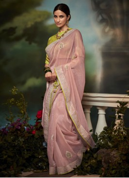 Designer Pink Organza Shimmer Zari Saree