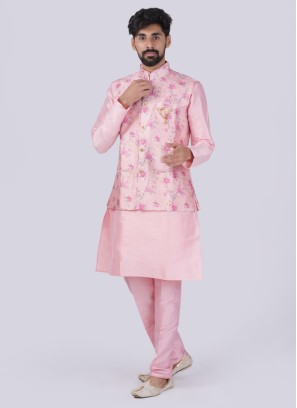 Pink Floral Printed Nehru Jacket Set