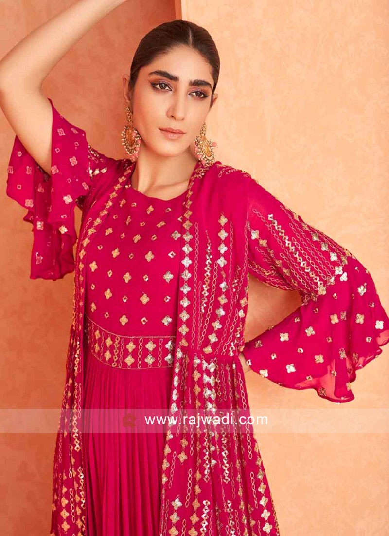 Pink Georgette Embroidered Jacket Style Floor Length Suit