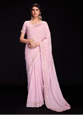 Pink Georgette Lucknowi Embroidered Designer Saree