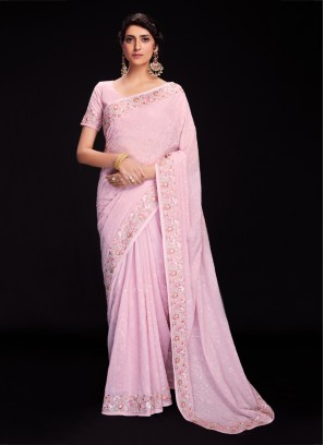 Pink Georgette Lucknowi Embroidered Designer Saree