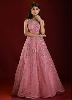 Onion Pink Embroidered Designer Gown