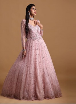 Pink Gown In Net With Stone Work