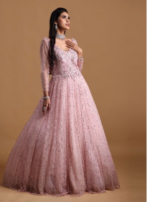 Pink Gown In Net With Stone Work