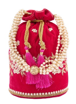 Pink Hand Embroidered Work Velvet Potli Bag With Pearl Handle