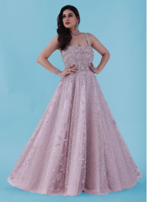 Pink Designer Embroidered Net Gown