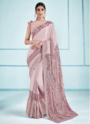 Lycra Fabric Ready Pleated Grey Saree