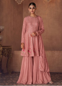 Pink Chinon & Georgette Sequins Embellished Palazzo Salwar Kameez