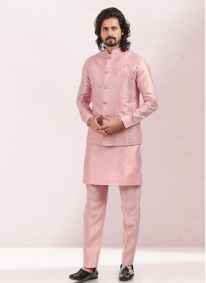 Pink Nehru Jacket Set With Embroidery Work