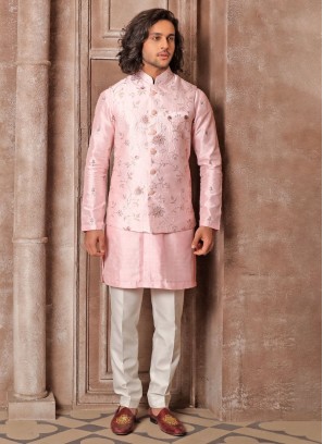 Pink Nehru Jacket Set With Thread Embroidery