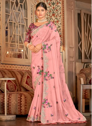 Pink Designer Organza Embroidered Saree