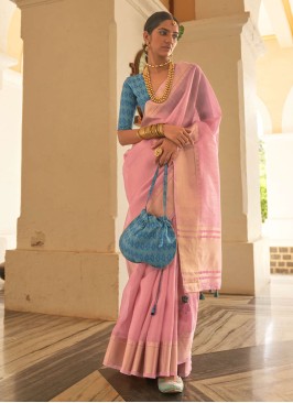 Designer Pink Woven Organza Saree