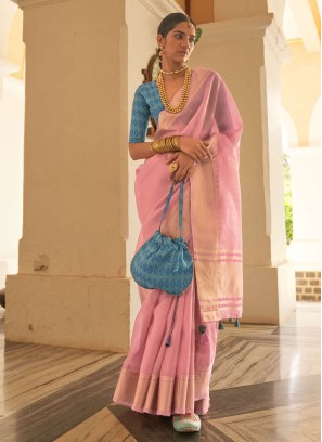 Designer Pink Woven Organza Saree