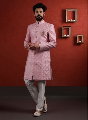 Pink Readymade Thread Work Indowestern