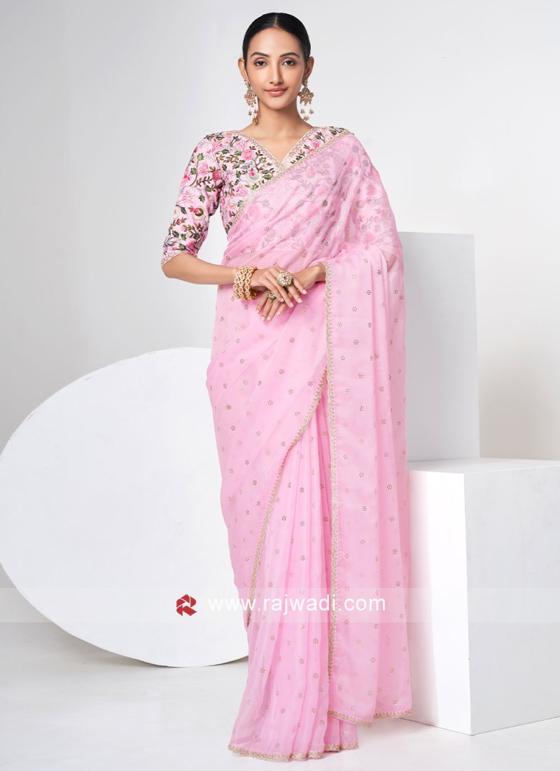 Baby Pink Color Rangoli Silk Embroidered Lace Work Party Wear Exclusive Designer  Saree - RJ Fashion