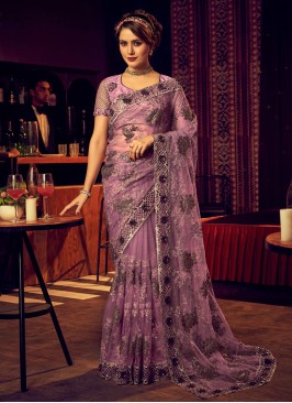 Lilac Color Embroidered Trendy Net Saree