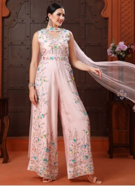 Pink Silk 3D Flowers Embroidered Jumpsuit with Choker Dupatta