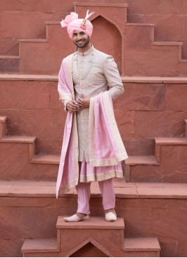 Pink Silk Anarkali Style Sherwani In Embroidery Work