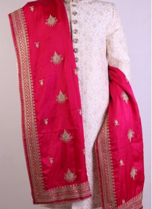 Hot Pink Silk Embroidered Border Work Dupatta For Sherwani