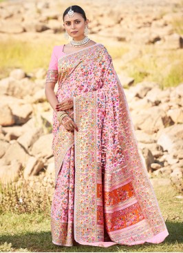 Pink Floral Kashmiri Weaving Silk Saree