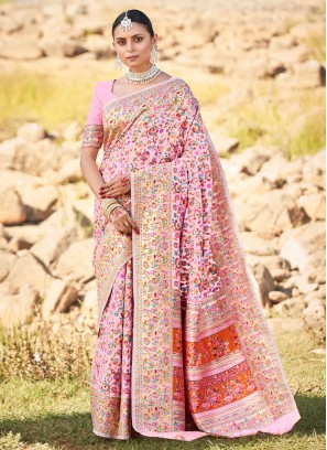 Pink Floral Kashmiri Weaving Silk Saree