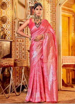 Alluring Pink Woven Cotton Silk Zari Embroidered Saree