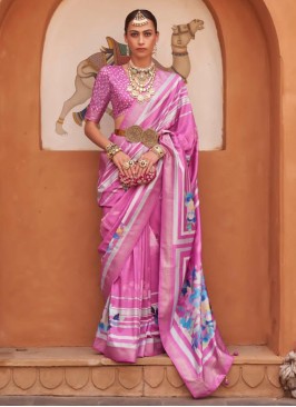 Pink Festive Wear Floral Printed Silk Saree